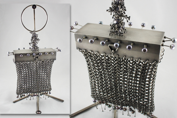 rectangle silver chain mail purse with spikes & blue pearls